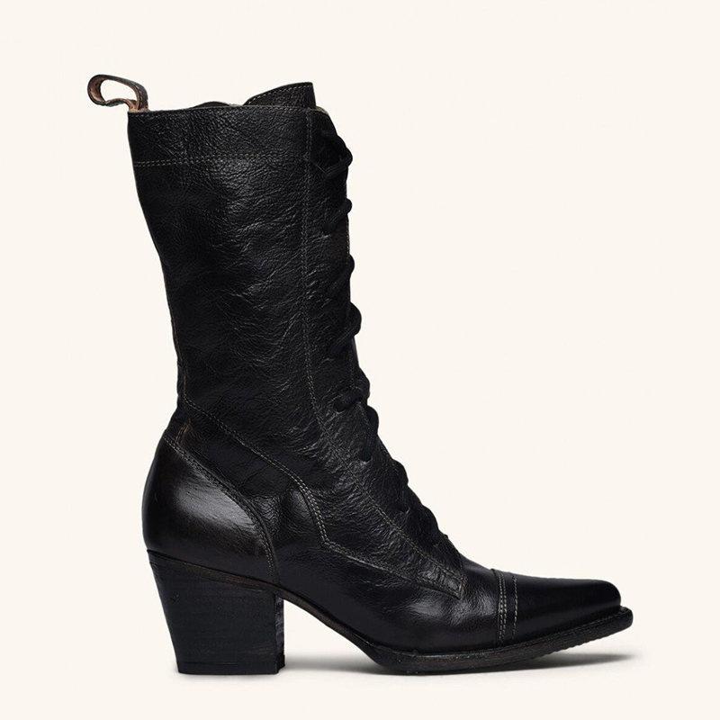 VCSHOES Leather Strap Chunky Heel Calf Boots