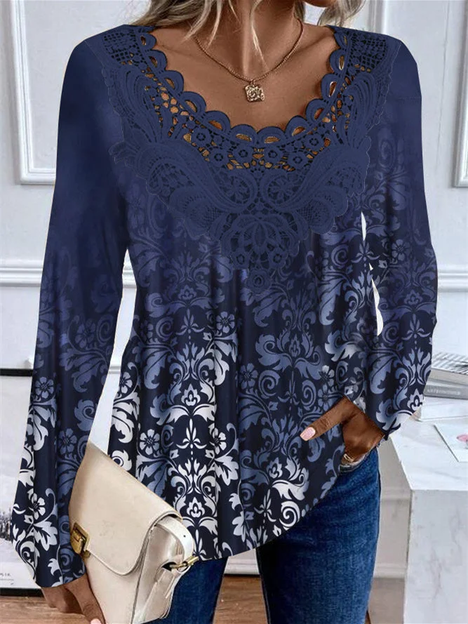 Women's Long Sleeve Scoop Neck Floral Printed Lace Stitching Top