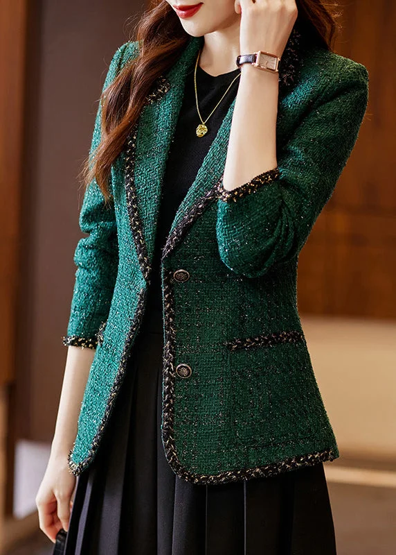 Vintage Peacock Green Patchwork Woolen Coat Spring