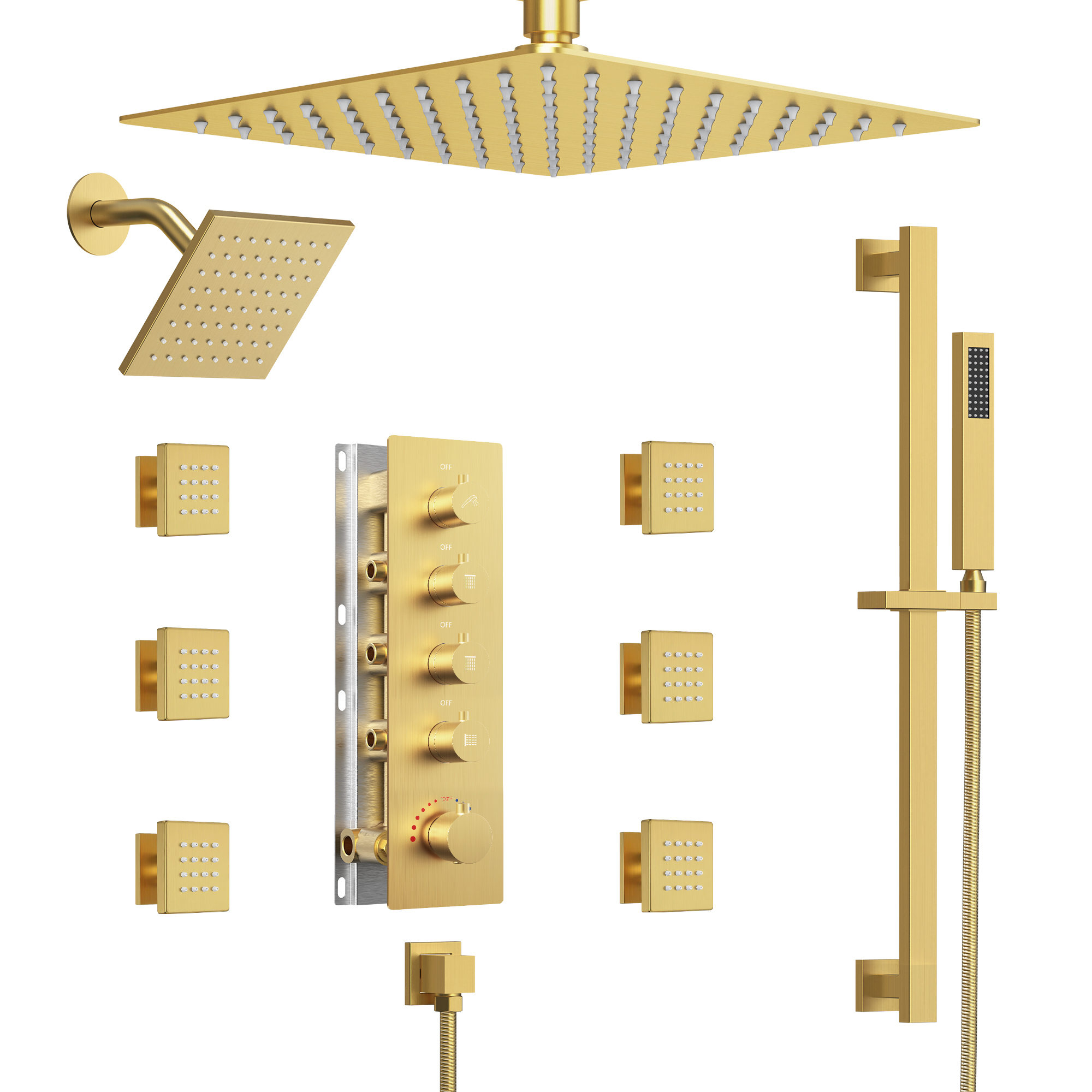 Thermostatic Rainfall Bathroom Shower System in Brushed Gold SFS
