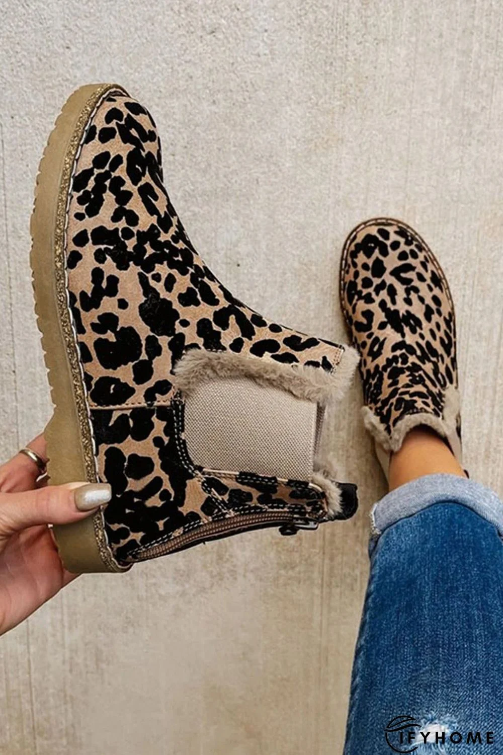 Leopard Zip Up Fleece Lining Chelsea Boots | IFYHOME