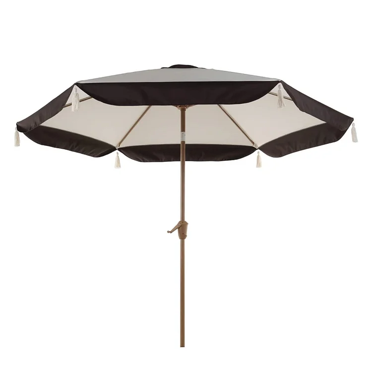 Pre-order : Ship within one weeks, GRAND PATIO Myko 9FT Round Market Umbrella with Tassle Design Heat Transfer Wood Grain Steel Frame with Push Button Tilt, Crank Lift
