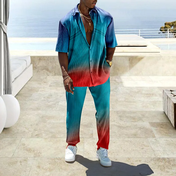 BrosWear Blue Ice Cubes Gradient Beach Shirt And Pants Two Piece Set