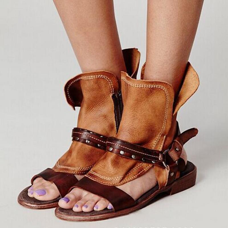 GOOSHOE Retro Patchwork Open Toe Cut Out Ankle Boot Flat Beach Sandals