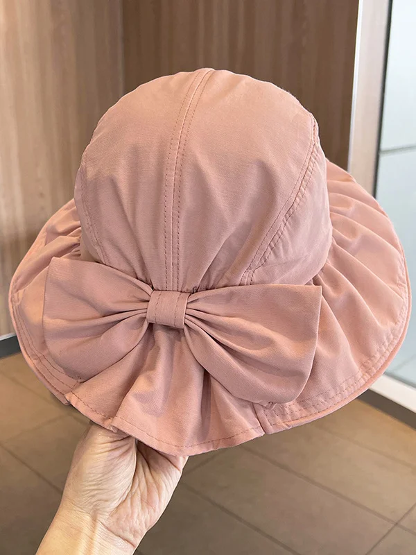 Sun-Protection Bowknot Pleated Pure Color Fisherman Hat Sun Hat