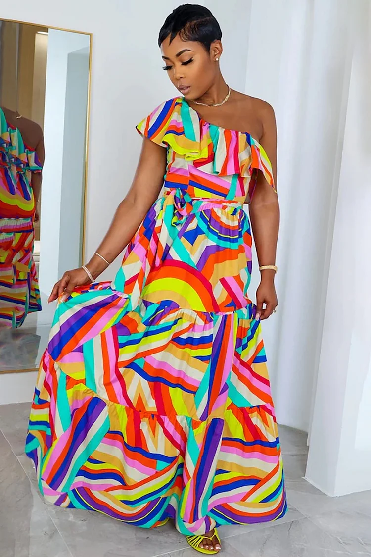 Multicolored Geometric Print Ruffled Slant Shoulder A-Line Vacation Maxi Dresses