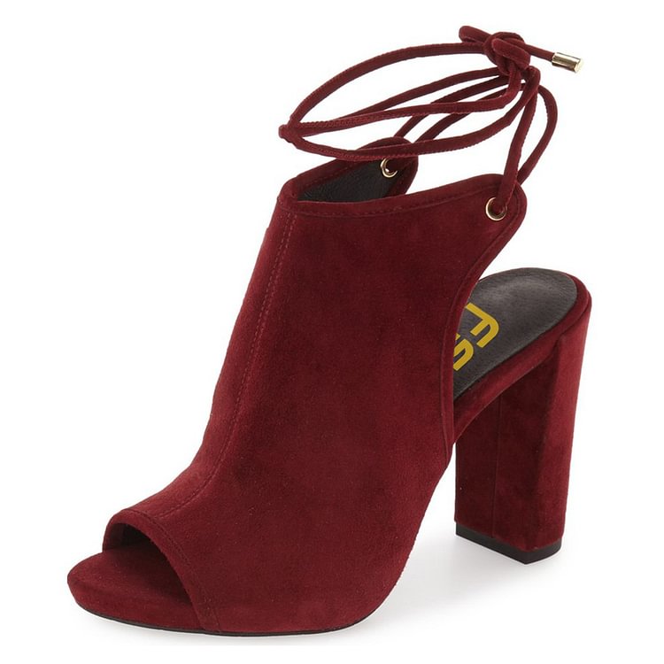 Burgundy Peep Toe Slingback Shoes Chunky Heel Strappy Summer Boots |FSJ Shoes