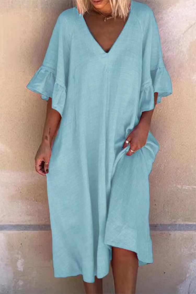 Casual Solid Patchwork Flounce V Neck Dresses(4 Colors) - Life is Beautiful for You - SheChoic