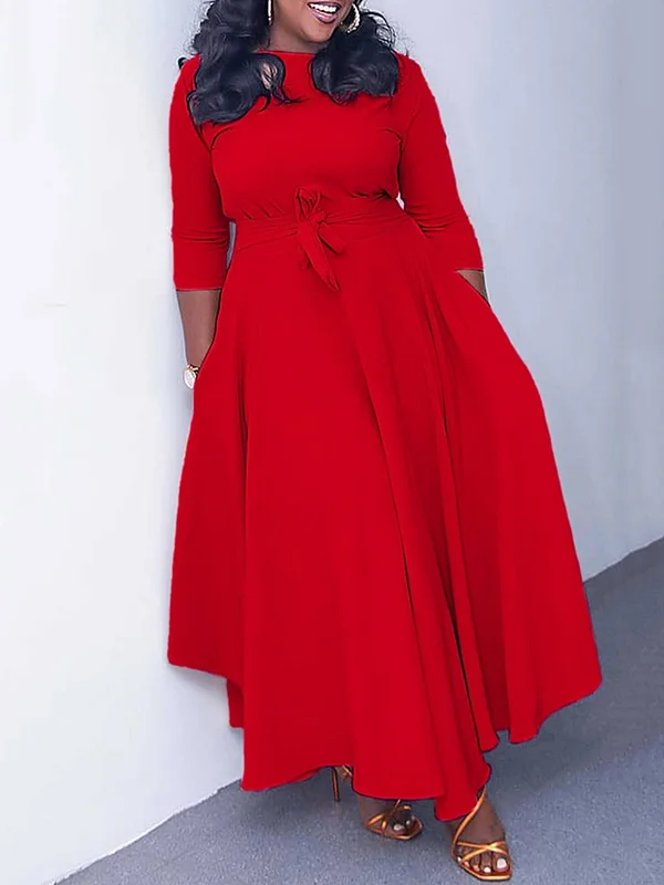 Pleated Solid Color Tied Waist Long Sleeves Round-neck Maxi Dresses