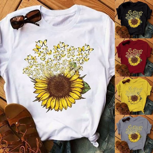 New Fashion Butterfly Sunflower Printed T-shirt for Women Graphic Tee Shirt Ladies Summer Casual Short Sleeve Tee Tops Clothes - BlackFridayBuys