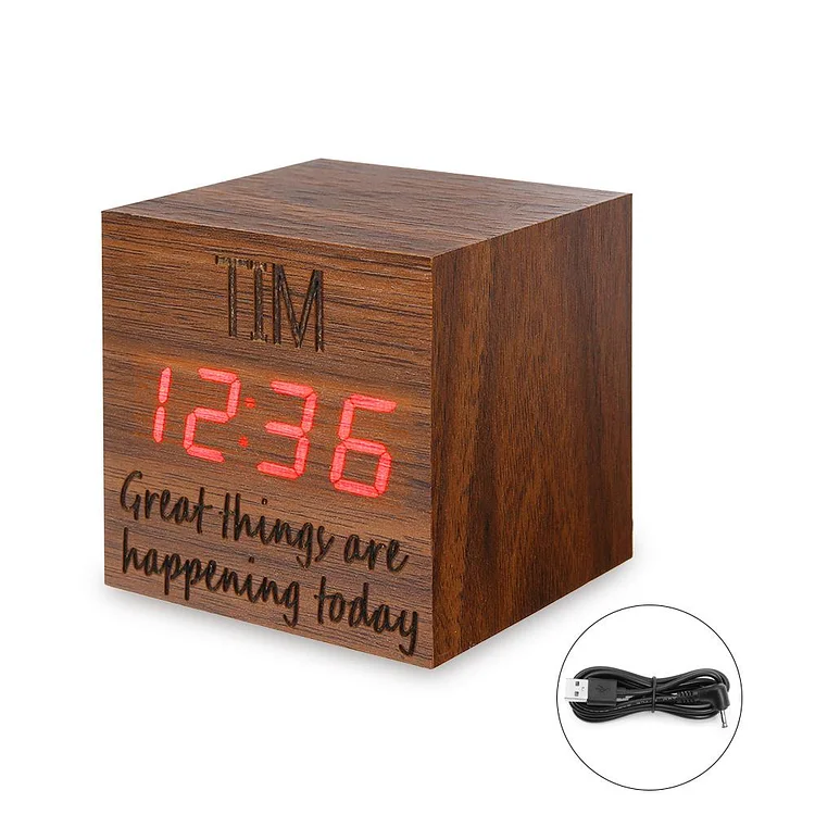 Personalized Wooden Clock Digital Cube Alarm Brown House Warming Gift