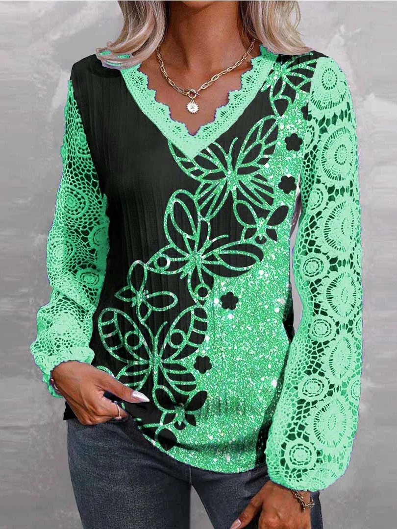 Women Long Sleeve V-neck Floral Printed Graphic Lace Tops