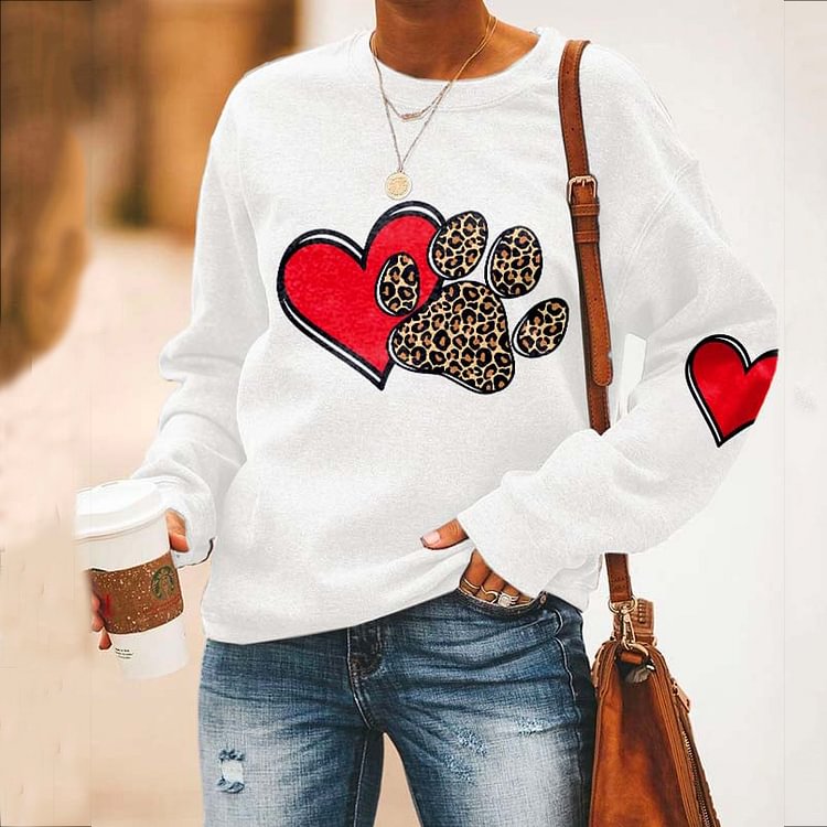 Comstylish Women's Red Heart Leopard Pawprint Printed Round Neck Sweatshirt