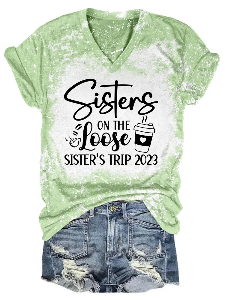 Sisters On The Loose Coffee Print Tie Dye V Neck T-shirt