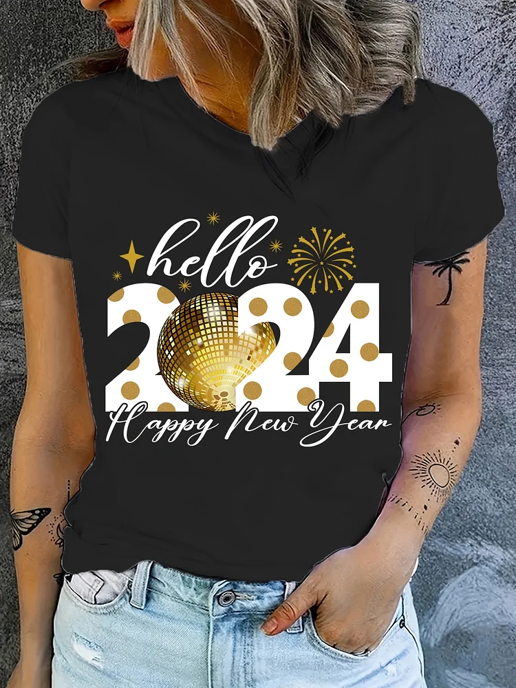 2024 Happy New Year Print T-shirt, Short Sleeve Crew Neck Casual Top For Summer & Spring, Women's Clothing