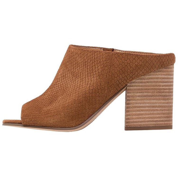 Brown Suede Python Block Heel Mules Sandals |FSJ Shoes