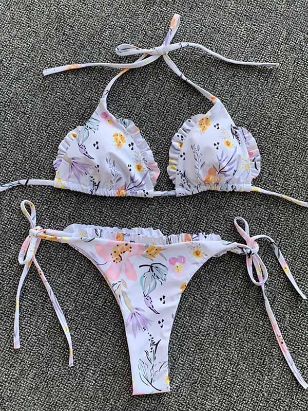 Floral Print Ruffled Triangle Split Bikini Swimsuit