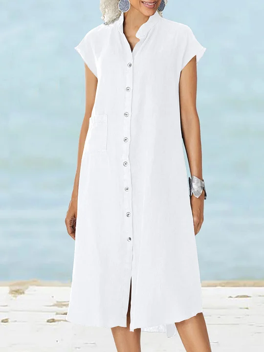 Loose V-Neck Short Sleeve Button Solid Color Linen Dress