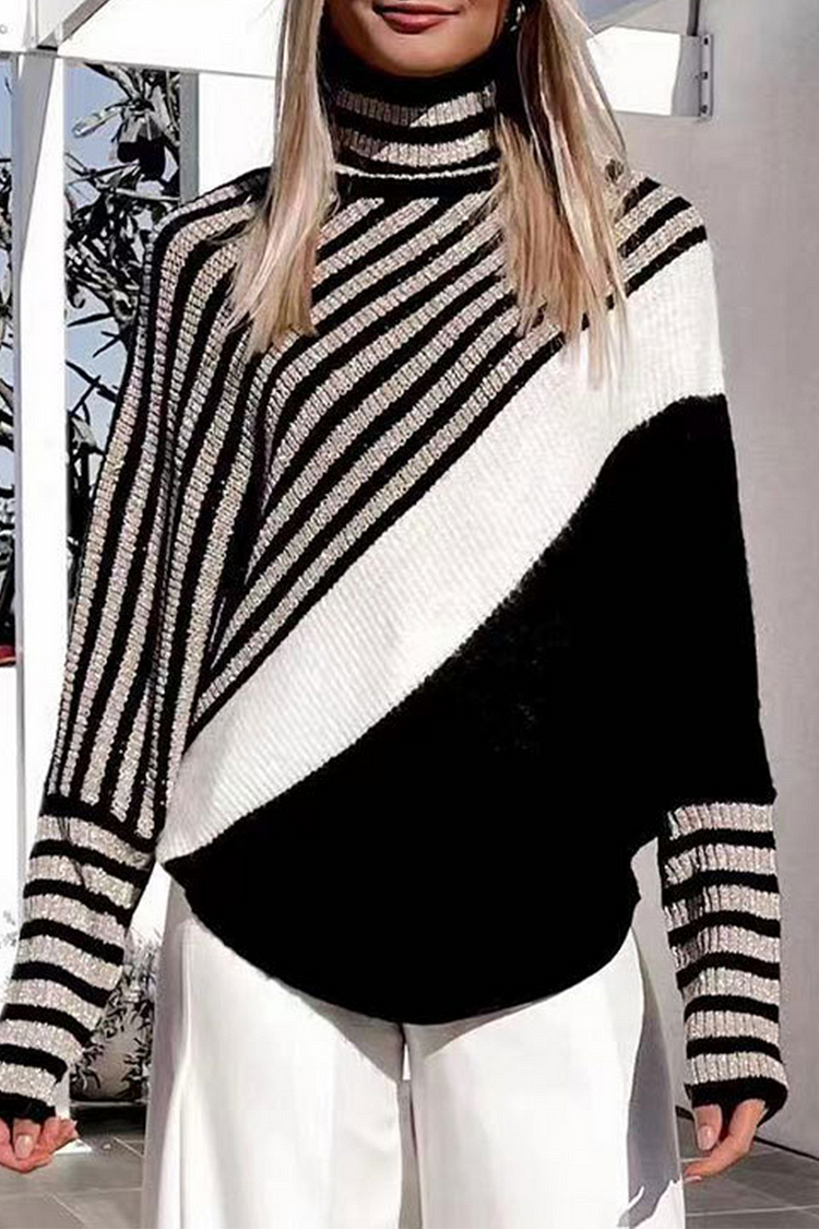 Casual Striped Patchwork Half A Turtleneck Sweaters - Life is Beautiful for You - SheChoic
