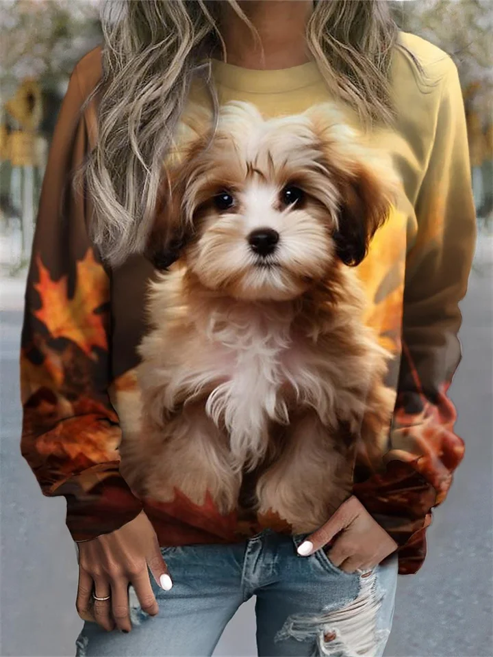Women's 3D Round Neck Sweater Women's Cute Little Animal Pattern Sweater Women's Cute Puppy Tops-JRSEE