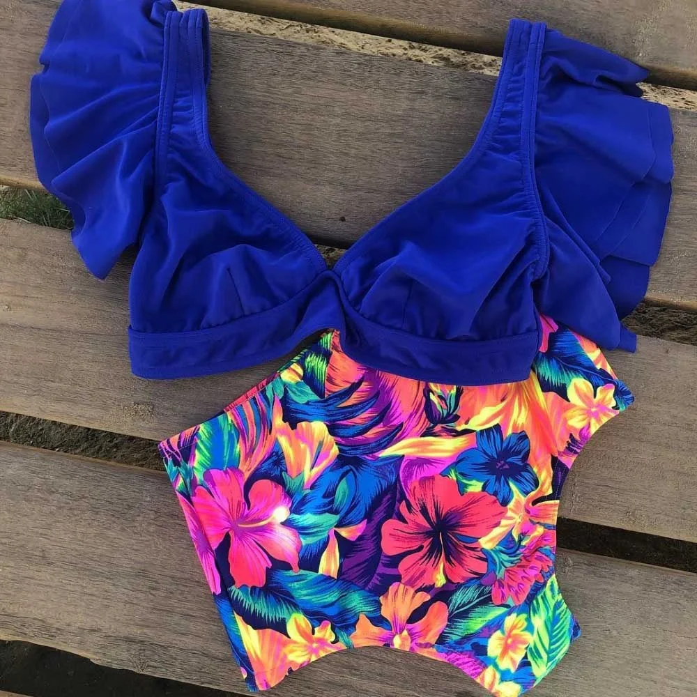 Girl Beach Bathing Suit Swimwear Biquinis Floral Ruffled Hem Bikini Set Women Flora V-neck High-waisted Two Piece Swimsuit