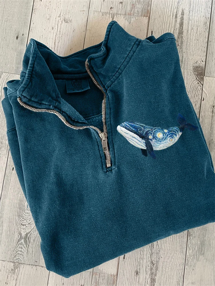 Women's Starry Night Inspired Whale Embroidery Art Zip Up Sweatshirt
