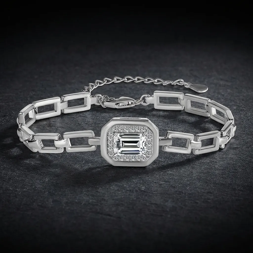 JiStones Eternal Geometry: 1-Carat Moissanite Link Bracelet in S925 Sterling Silver Classic Emerald Cut (1ct)-High-Polish S925 Sterling Silver