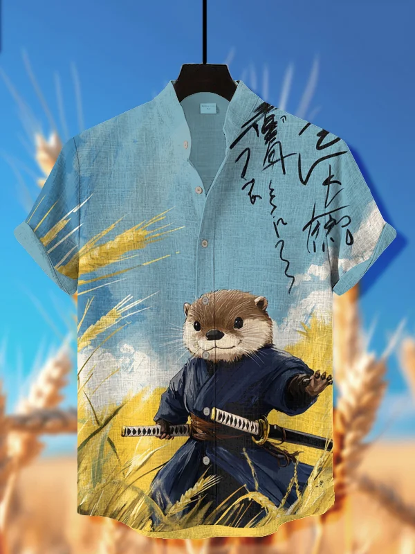 Men's Otter Samurai Rice Field Calligraphy Art Print Short Sleeve Shirt