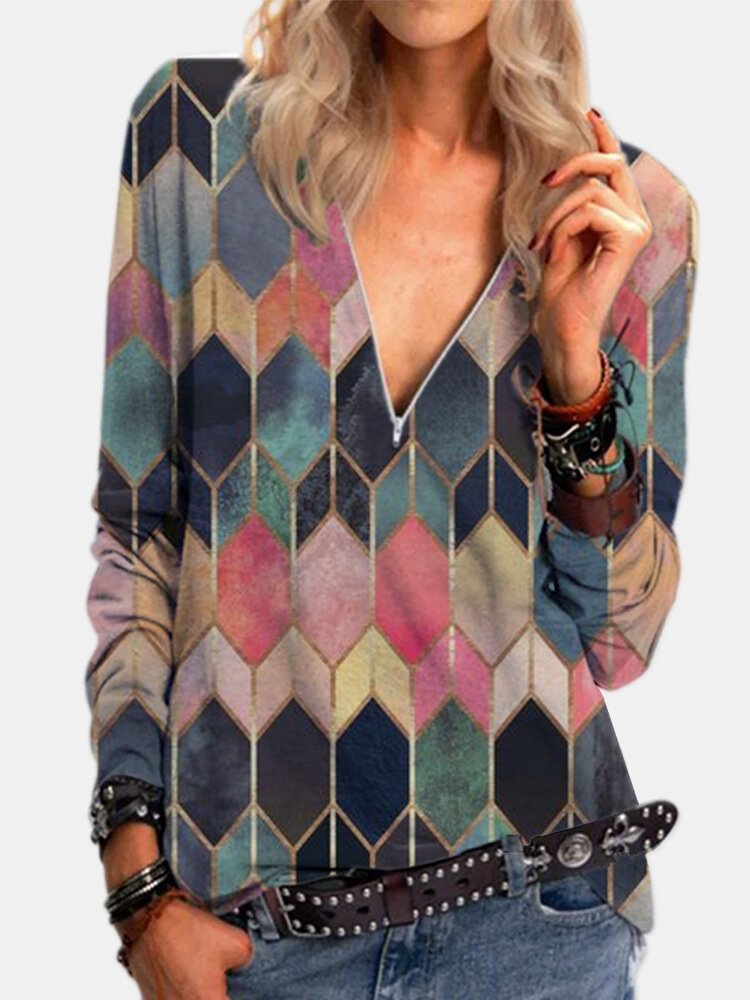 Geometric Printed Long Sleeve V neck Zip Front Blouse For Women P1776946