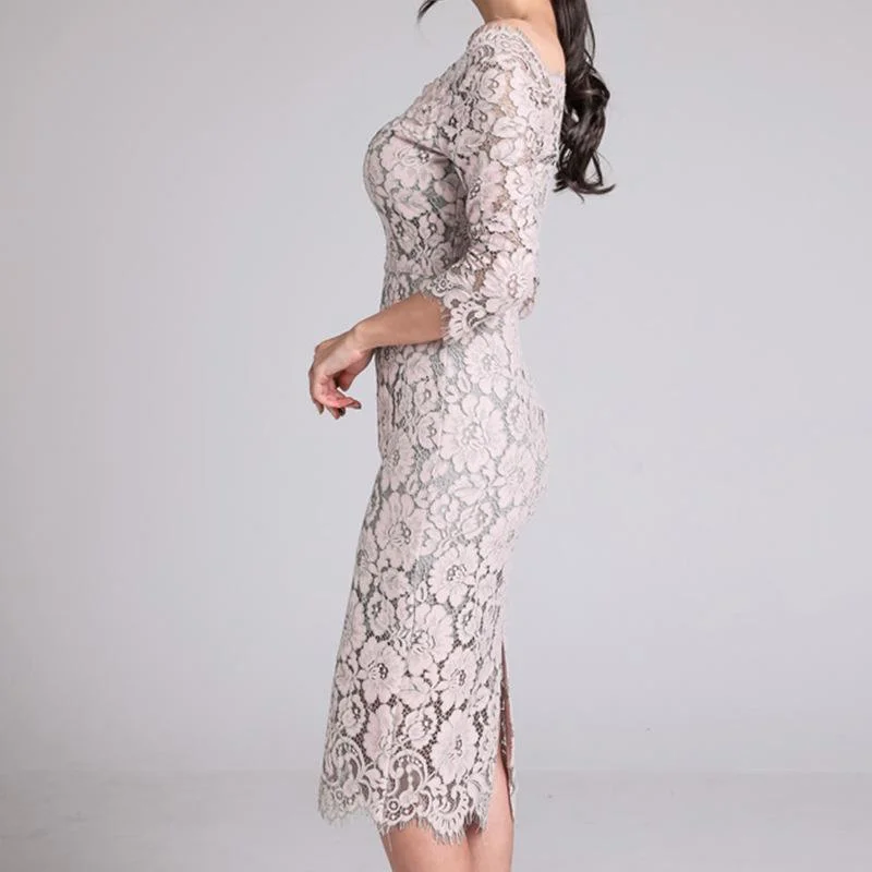 Elegant one-neck low-cut lace three-quarter sleeve dress with hips