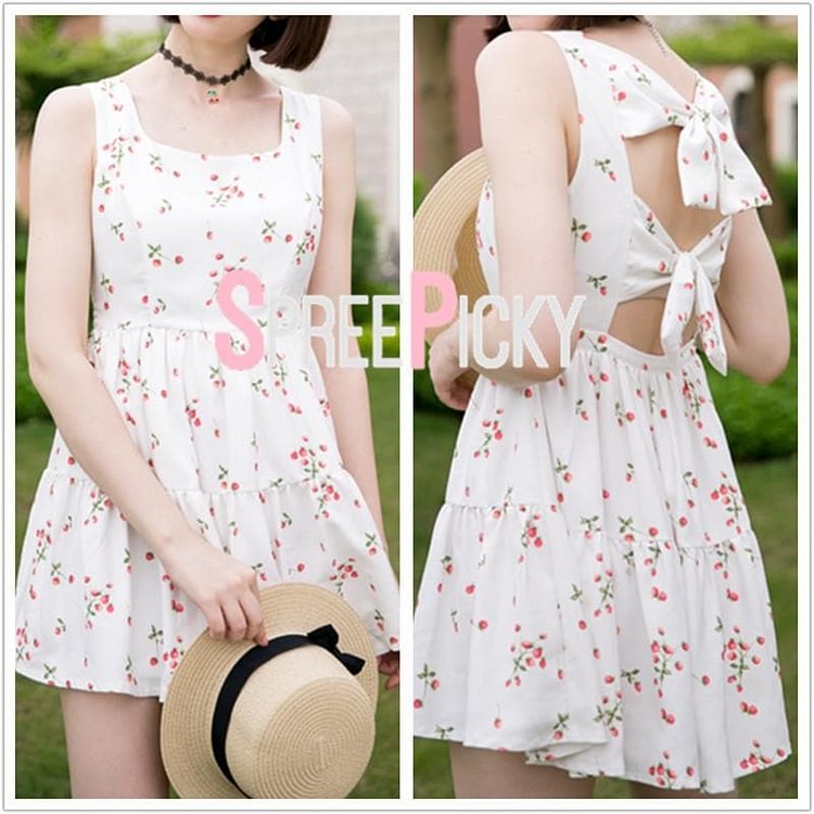 White Floral Back Bow Dress SP179843