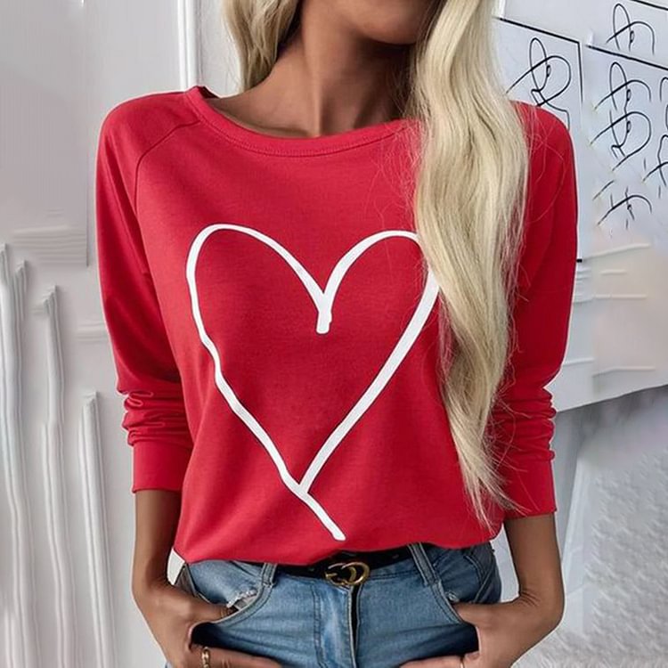 Comstylish Love Print Round Neck Long Sleeved T-Shirt