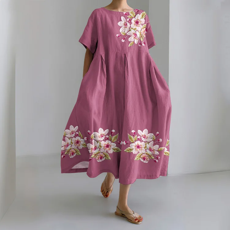 Comstylish Casual Crew Neck Floral Print Short Sleeve Linen Blend Dress