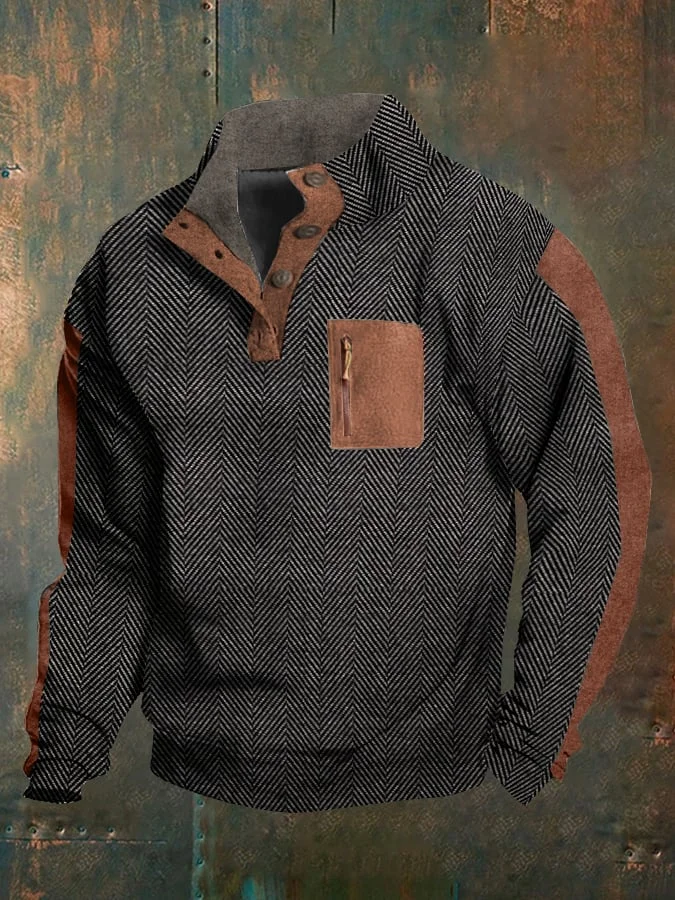 Men's Vintage Herringbone Contrast Patchwork Pocket Zipper Sweatshirt