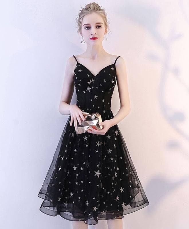 Black V Neck Tulle Short Prom Dress, Black Homecoming Dress