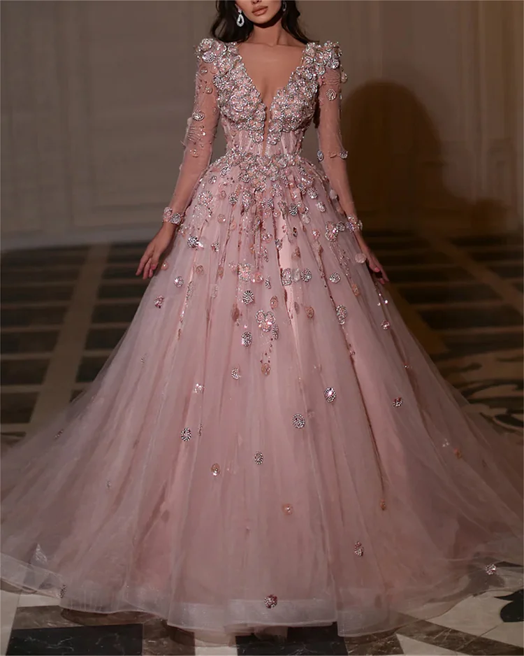 Fashion Pink V-neck Sequined Mesh Dress