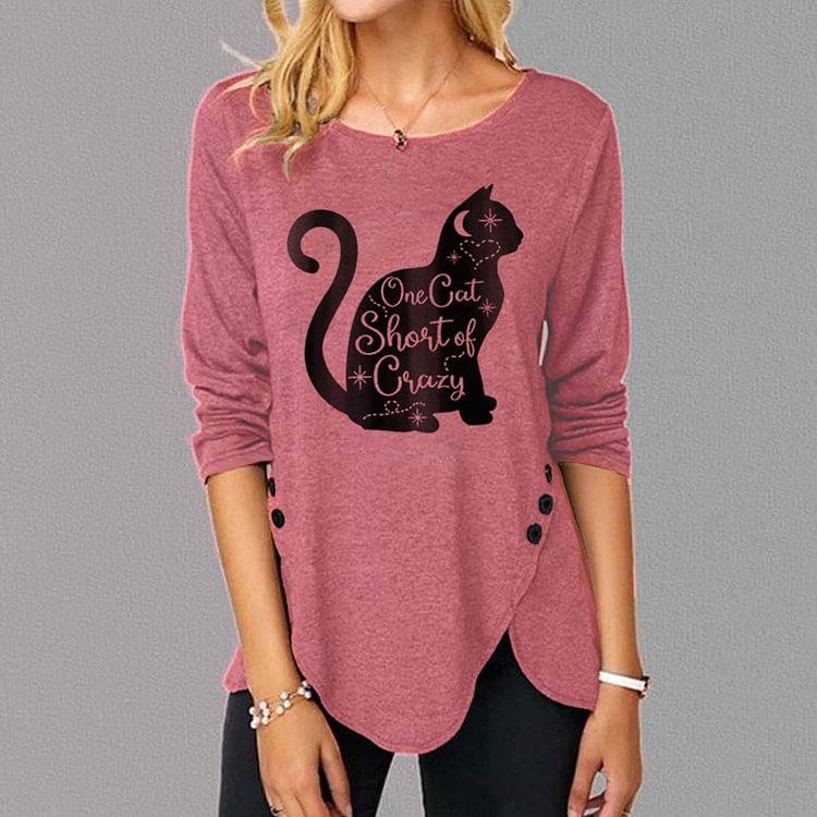 Vefave Cat Print Long Sleeve Irregular Hem Casual T-Shirt