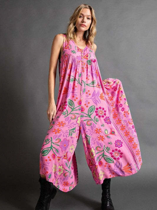 Ladies Vintage Print Loose Sleeveless Jumpsuit
