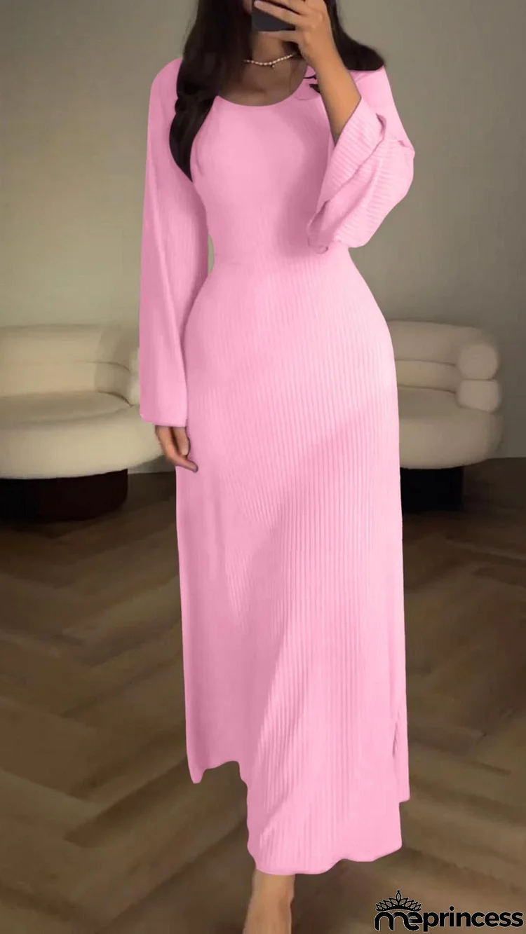 Autumn And Winter Women Fashion Solid Color Round Neck Long Sleeve Split Dress