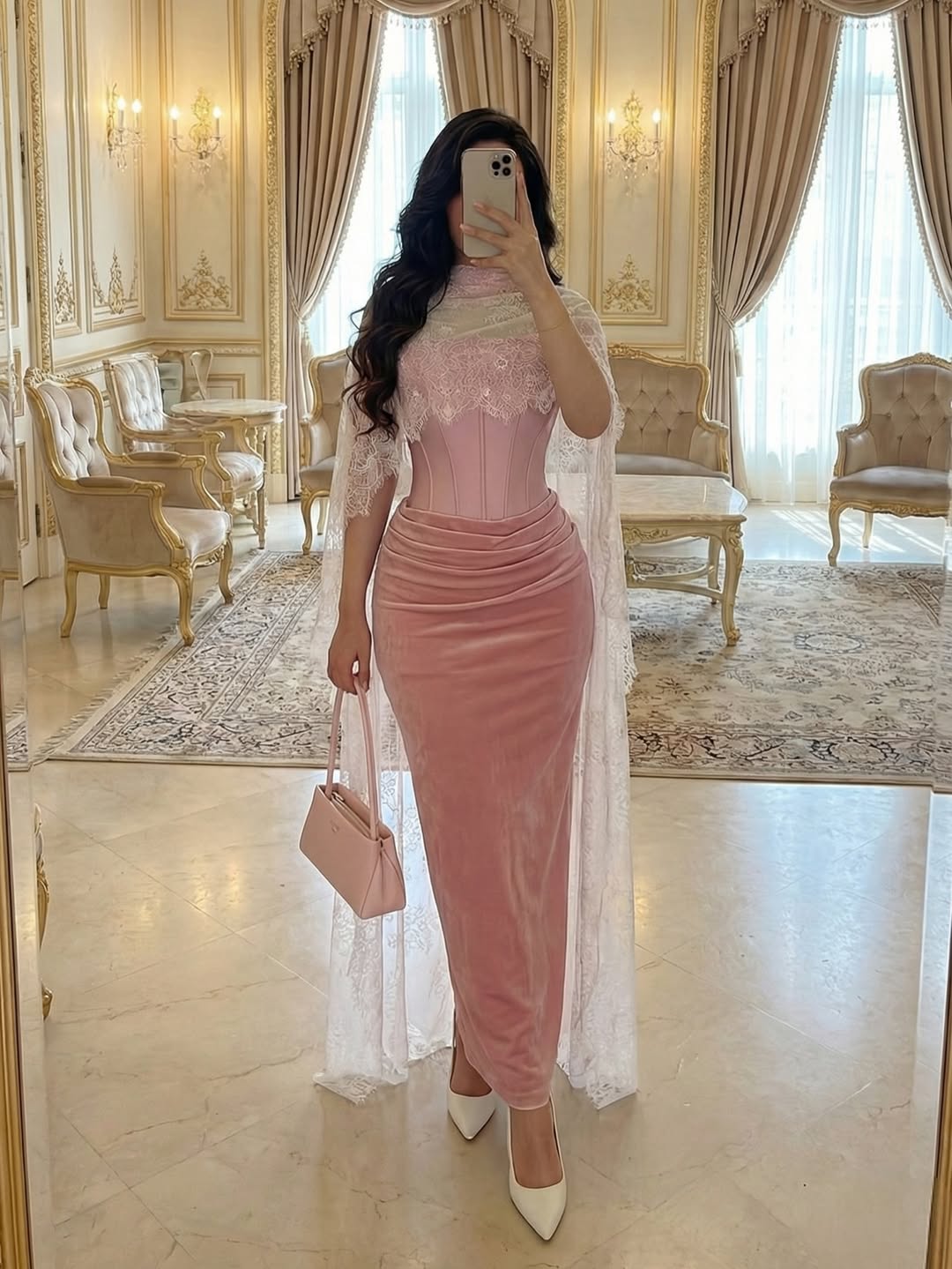 Lussooy Pink Straight Across Pleated Sleeveless Prom Dress With Lace Scarf