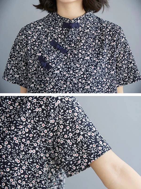 Artistic Retro Floral Printed Stand Collar Short Sleeves Cheongsam Midi