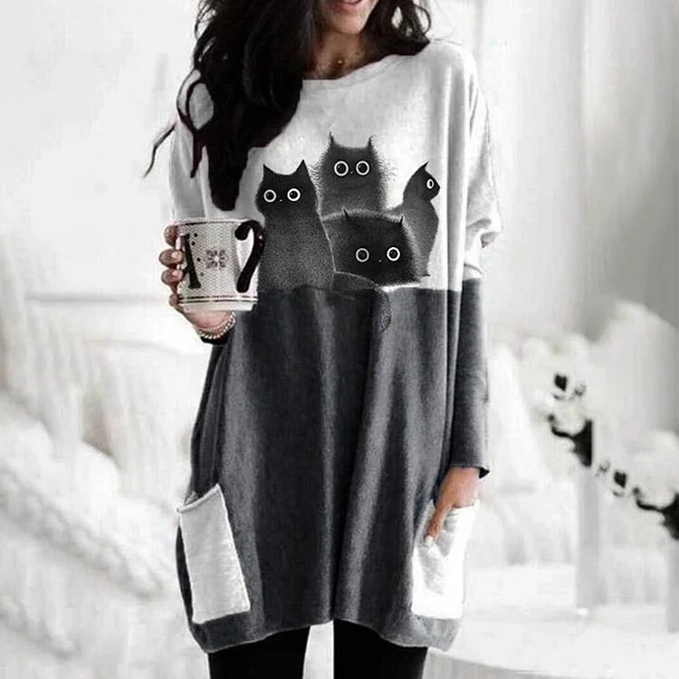 Vefave Contrast Panel Cat Print Long Sleeve Casual Tunic