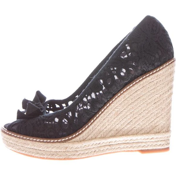 Black Lace Peep Toe Espadrille Platform Pumps Vdcoo