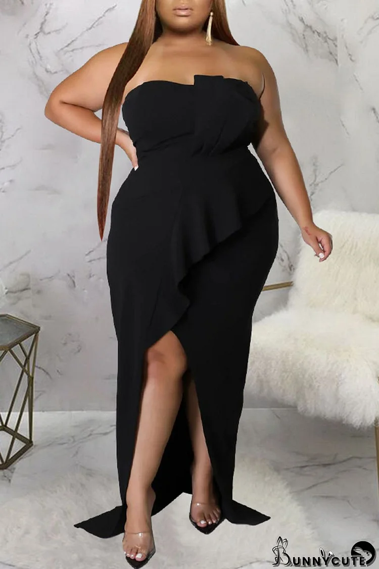 Black Sexy Solid Patchwork Flounce Slit Asymmetrical Strapless Evening Dress Plus Size Dresses