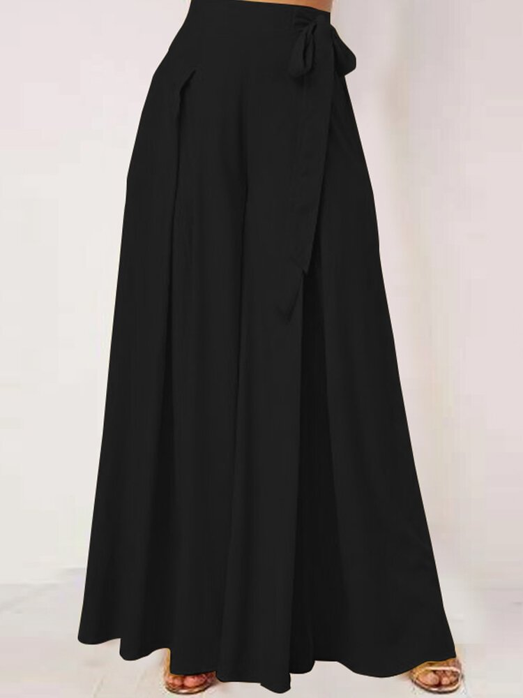 Solid Color Wide-legged Bowknot Belt Pleated Loose Pants - Life is Beautiful for You - SheChoic