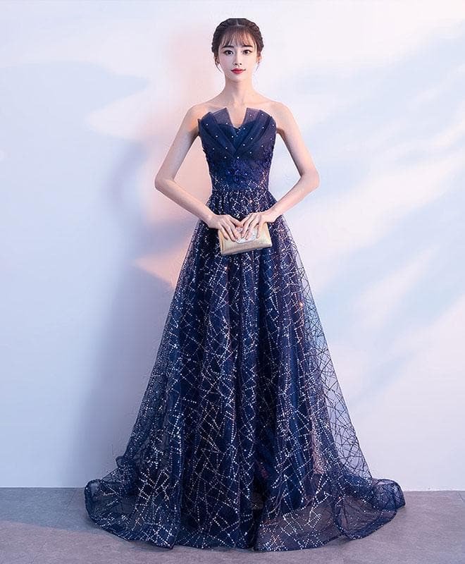 Elegant Blue Lace Tulle Long Prom Dress, Blue Evening Dress