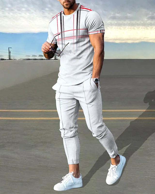 Suitmens Men's simple contrast color short-sleeved trousers suit 488