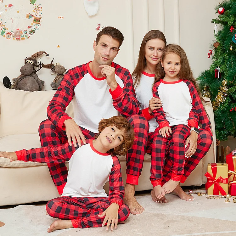 Christmas Red Plaids Print Family Matching Pajamas Set(White)