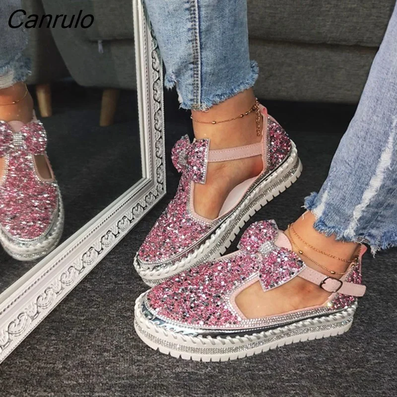 Canrulo Women Flat Loafers Woman Rhinestone Shoes Female Autumn Casual Platform Glitter Design Slip On Shoes Dropshipping