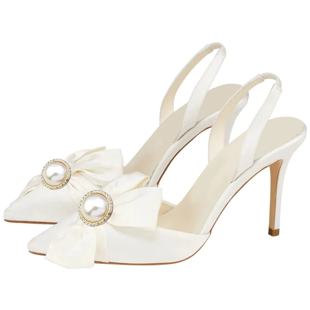 White Satin Pointed Toe Stiletto Heel Slingback Pumps with Pearl Nicepairs